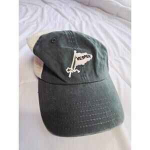 Vtg Vesper Logo Hat Cap Adjustable Cotton American Neddle Green & Cream Workwear